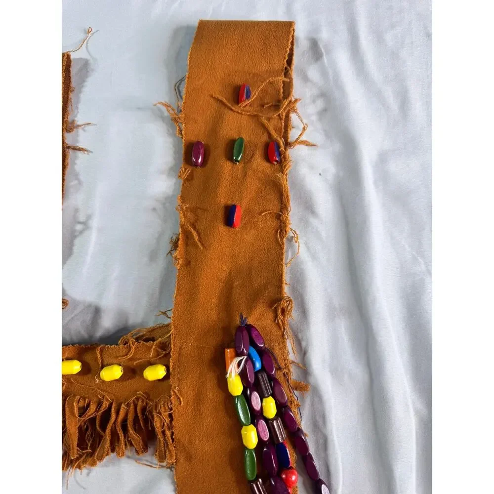 Vintage Handmade Fringed Beaded Vest Folk Art Camp Costume Embroidered Patches
